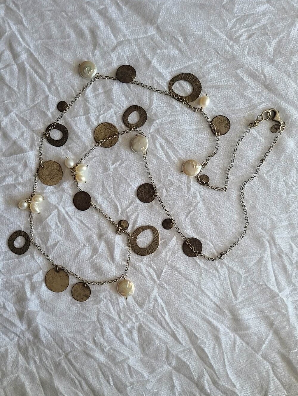 Silpada Sterling Silver Disc & Freshwater Pearl Long Necklace